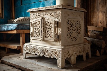 Ornate vintage stove in a rustic interior setting, showcasing craftsmanship and cultural heritage with its intricate design.
