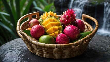 A vibrant basket filled with tropical fruits including mango, dragon fruit, and lychee, set against a lush waterfall backdrop