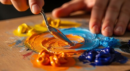 Artist's hands mixing vibrant oil paints on a wooden palette with a palette knife, creating a colorful swirl.