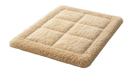 A plush, tufted bedside rug adding warmth to a cozy winter retreat.