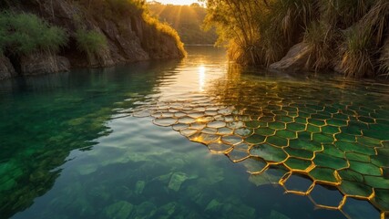 Serene sunset over a tranquil river with honeycomb-shaped rocks and lush greenery on the banks