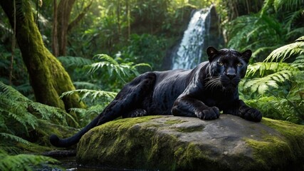 Majestic black panther resting on a rock in a lush jungle with a waterfall in the background