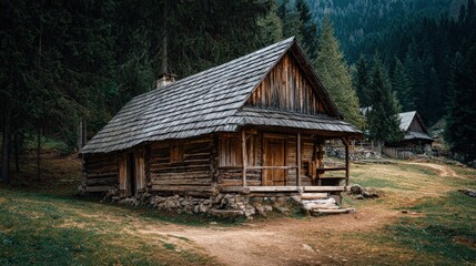 Wooden Cabin with Brown Shingles Roof – Natural Forest Background