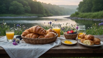Morning picnic by the river featuring fresh croissants, juice, and berries with a serene landscape