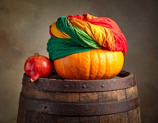 Colorful turban atop pumpkin on wooden barrel, beside pomegranate