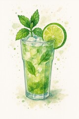 Watercolor Mojito Cocktail