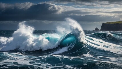 Majestic ocean waves crashing against rugged cliffs under dramatic cloudy skies at sunset