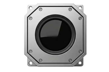 Industrial metal audio speaker with a heavy-duty silver frame isolated on a transparent background
