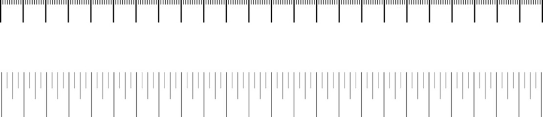 Ruler scale with markings and numbers in Inch centimeters and millimeters units, measuring metric scale. Graduated ruler vector illustration on a white background. Various measurement scales