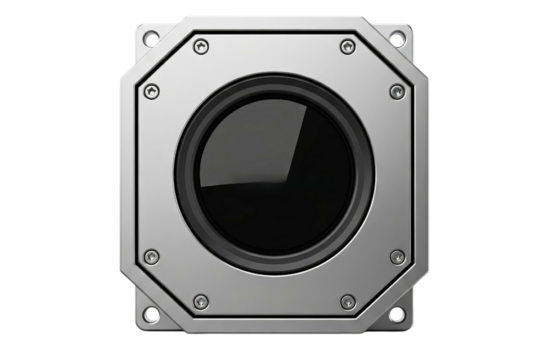 Industrial metal audio speaker with a heavy-duty silver frame isolated on a transparent background