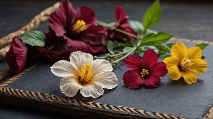 Naklejka premium Vibrant hibiscus flowers in various colors arranged artistically on a dark slate surface