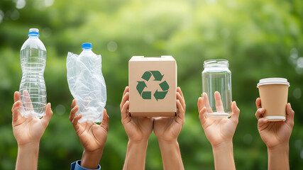 Hands holding recyclable items against green background