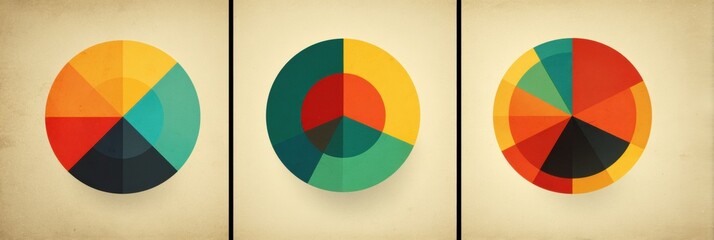 Three geometric pie charts display vibrant color patterns. Each chart represents different segments, emphasizing visual data representation and design.