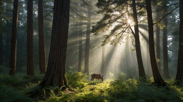 Serene deer grazing in a sunlit forest clearing surrounded by towering trees and lush ferns