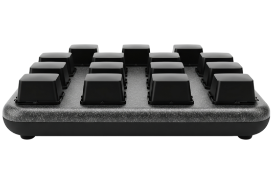 Blank programmable macro keypad with fifteen customizable buttons isolated on a transparent background