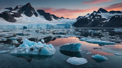 Serene Arctic landscape at sunset with icebergs reflecting in calm waters and mountains in background