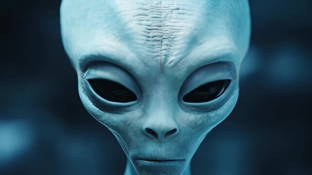 Gray alien head with large black eyes opens and closes its eyes, extraterrestrial life concept for science fiction animation