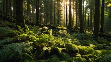 Lush green ferns thrive in a sunlit forest, casting vibrant shadows on the forest floor