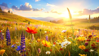 Colorful wildflowers blanket a sun-drenched meadow