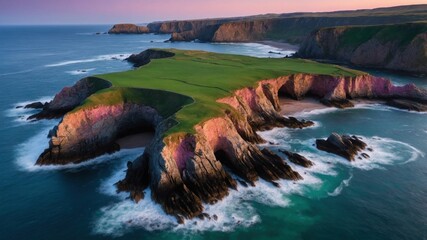 Aerial view of a rugged coastal landscape at sunset, showcasing cliffs, green fields, and waves