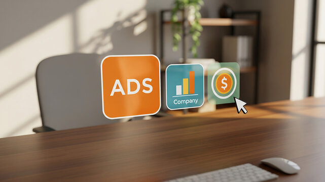 Digital advertising icons on a desk with cursor