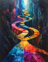 Colorful winding path through a dark cave