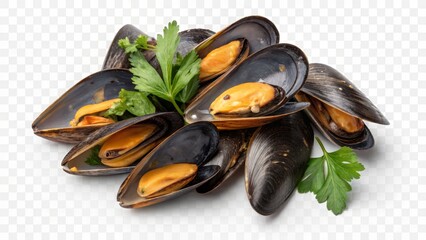 Fresh whole mussels isolated on white background