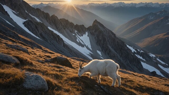 Mountain goat grazing on grassy slope at sunset with majestic mountain range in the background