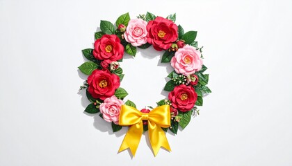 Elegant floral wreath with red and pink camellia flowers, green leaves, and a golden ribbon on a white background. Perfect for celebrations, invitations, and decorative designs.
