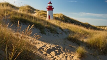 Scenic view of a lighthouse on a sandy dune with tall grass under a clear blue sky