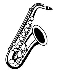 Elegant black silhouette of a saxophone on a stark white background.Wind musical instrument silhouette isolated on white background.