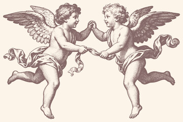 Naklejka na ściany i meble Vintage vector illustration of two flying cherubs or cupids holding hands. Classic engraving style art for themes of love, romance, and friendship.