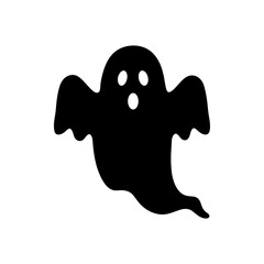 A black and white illustration of a ghost with a surprised expression floating in the air on a white background