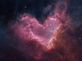Fototapeta premium Vibrant Heart Shaped Nebula Glowing Pink and Red with Scattered Stars, Deep Space Astronomical Phenomenon, Interstellar Cloud Rich in Dust and Gas