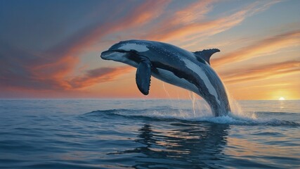 Obraz premium Majestic dolphin leaping from serene ocean waters at sunset, with vibrant clouds in the background