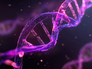 Digital rendering of a sparkling DNA double helix in shades of purple and pink, with glowing particles against a dark, blurred background, representing genetic innovation and discovery