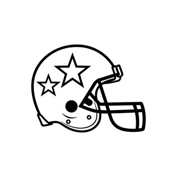 Illustration of a football helmet with two stars on the side in black and white outline style design