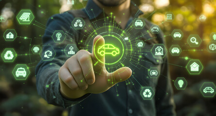 Man Interacting with a Futuristic Eco friendly Transportation Interface