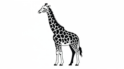 A black and white silhouette illustration of a giraffe against a white background.  
