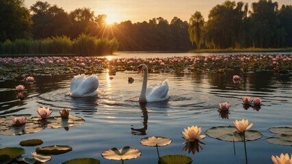 Serene swans gracefully gliding on a tranquil lake surrounded by blooming water lilies at sunset