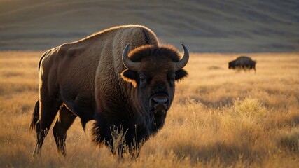 Majestic bison grazing in golden grasslands during sunset, with distant herd under a vast sky