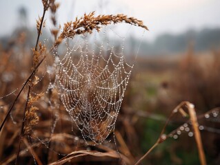 Detailed Spiderweb Dew Drops on Brown Grass in the Morning: Close-Up Nature Photography, Wet Spider Web, Delicate Outdoor Scenery, Morning Dew