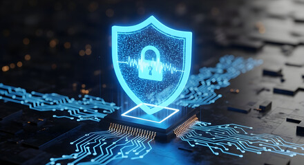 Digital Security Futuristic Shield with Padlock on Computer Circuit Board