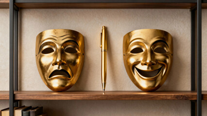 Golden tragedy and comedy masks displayed on a shelf with a pen between them