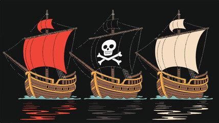 A digital illustration of three stylized pirate ships arranged horizontally against a black background.  
