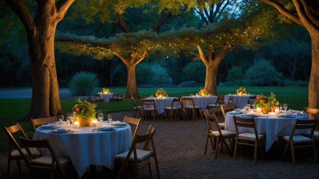 Elegant outdoor dining setup under illuminated trees at twilight, featuring beautifully arranged tables