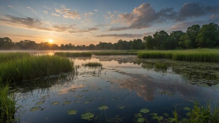 Obraz premium Serene sunrise over a tranquil lake surrounded by lush greenery and vibrant lily pads reflecting the sky