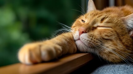 Peaceful Senior Cat Napping on Window Sill