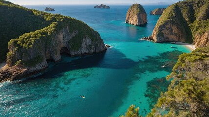 Aerial view of serene turquoise waters surrounding lush green islands under a clear blue sky