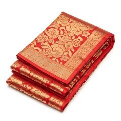 Fototapeta premium Elegant red silk saree with golden floral pattern